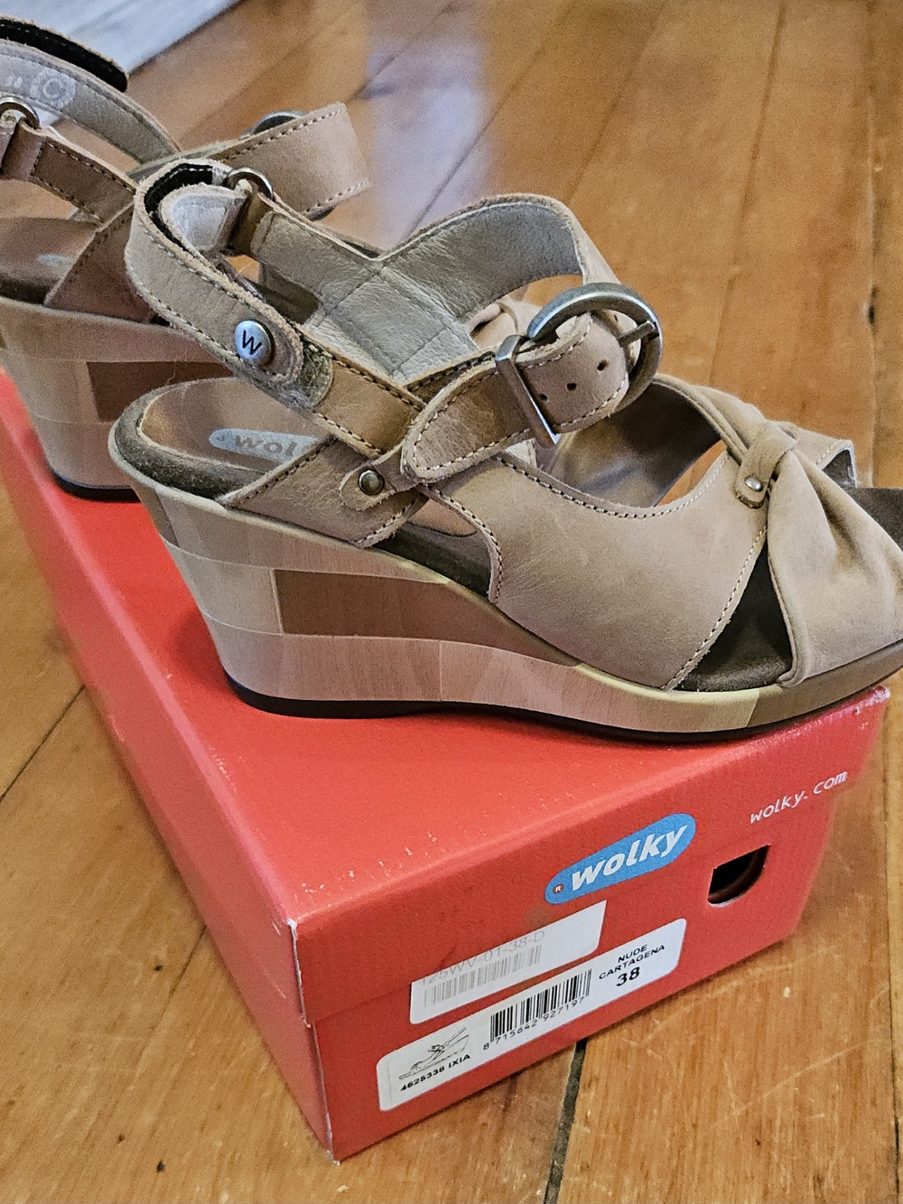 Wolky Beige/Tan Leather Wedge Sandals with Buckle Strap